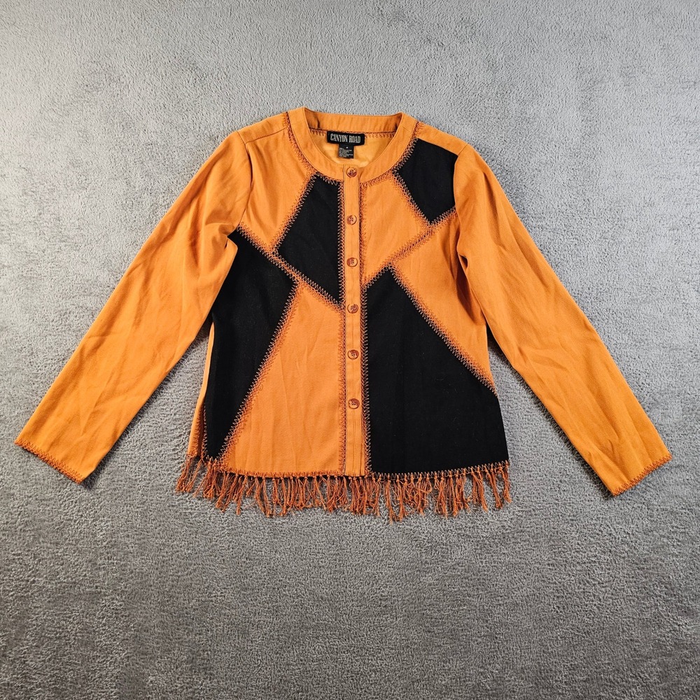 Canyon‎ Road Orange Black Geometric Patchwork Fringe Button Front Top S Vintage
